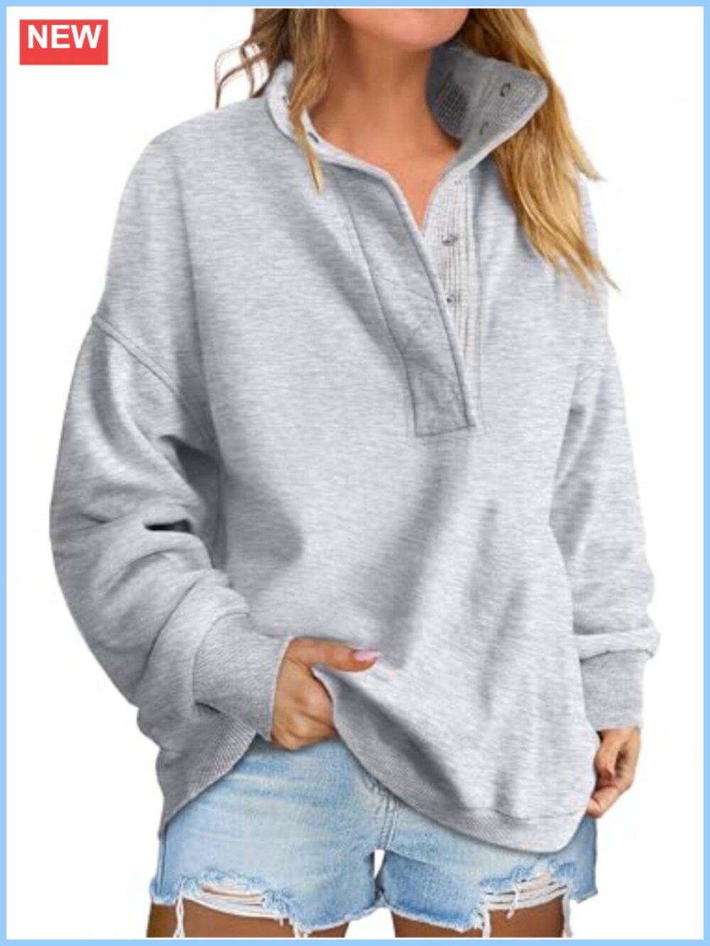 Women's Oversized Mock Neck Henley Sweatshirt Long Sleeve Pullover Fall